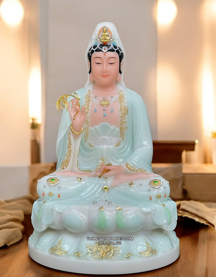 Tượng Phật Bà Quan Âm Áo Rủ Xanh Ngọc đẹp QA-006