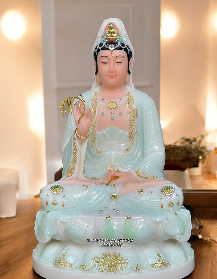 Tượng Phật Bà Quan Âm Áo Rủ Xanh Ngọc đẹp QA-006