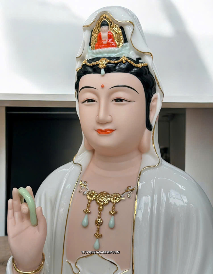 Tượng Quan Âm Sứ Trắng Sen Hồng Cao Cấp QA-010