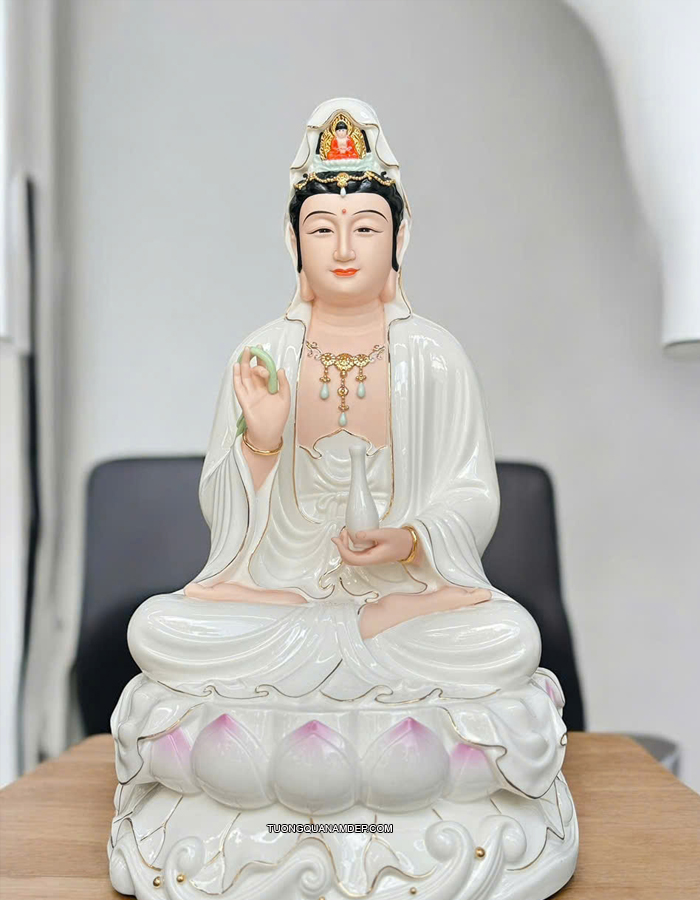 Tượng Quan Âm Sứ Trắng Sen Hồng Cao Cấp QA-010