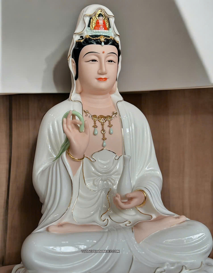 Tượng Quan Âm Sứ Trắng Sen Hồng Cao Cấp QA-010