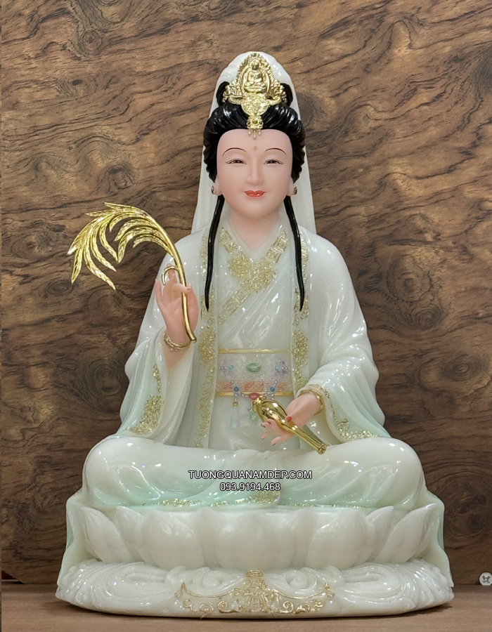 tượng Phật Bà Quan Âm xanh ngọc viền vàng đẹp