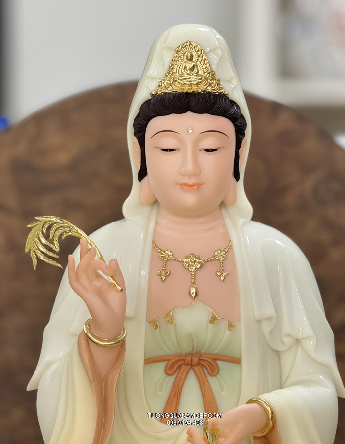 Tượng Quan Âm Vẽ Gấm Non Nước đẹp bằng bột đá