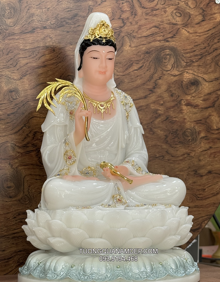 Tượng Quan Âm Trắng Đế Sen nhiều tầng