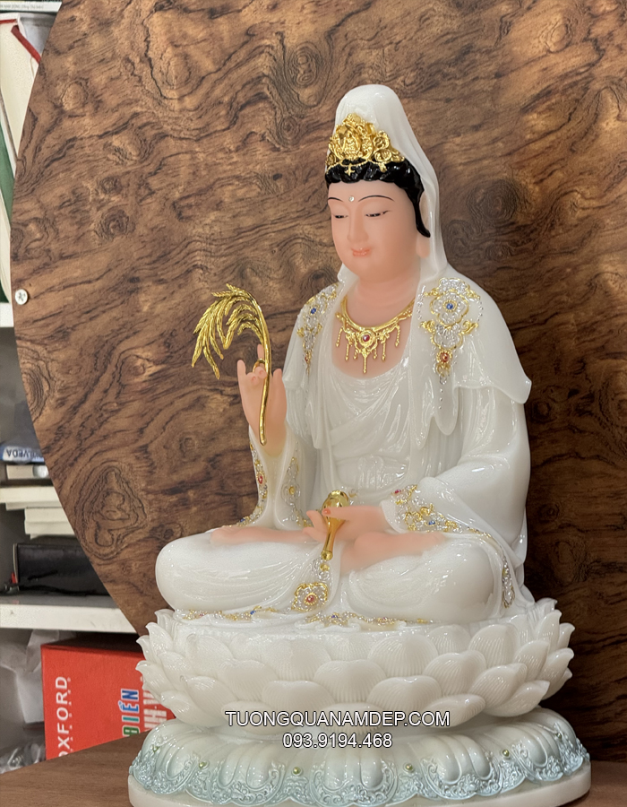 Tượng Quan Âm Trắng Đế Sen nhiều tầng