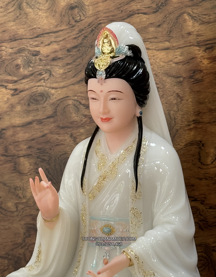 Tượng Quan Âm Trắng đế sen hồng đẹp
