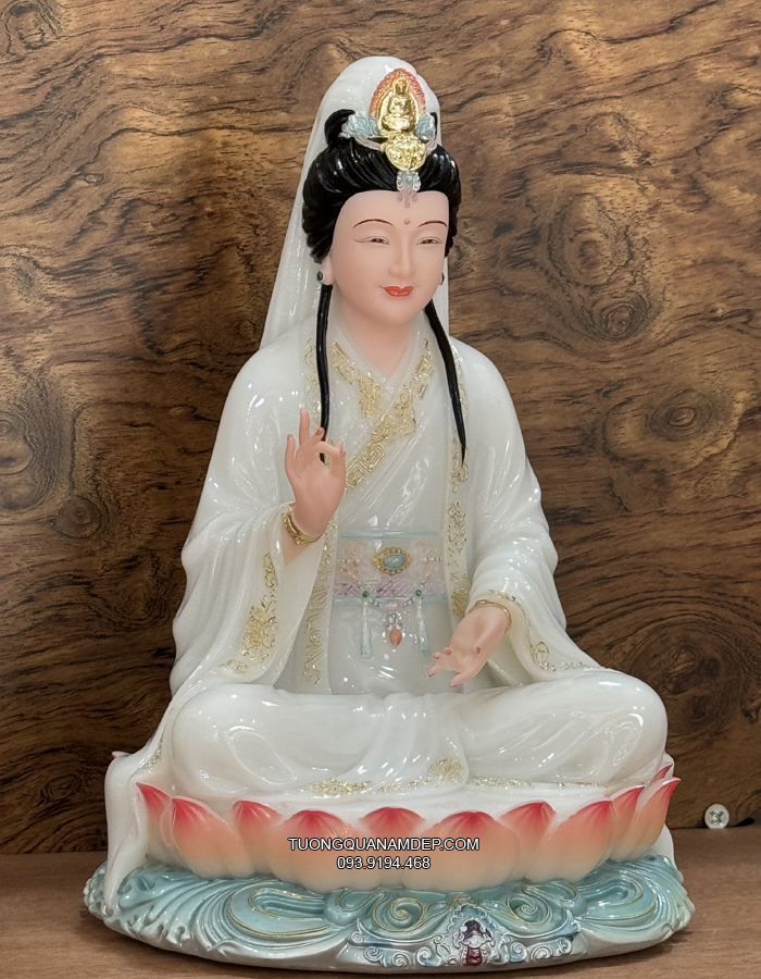 Tượng Quan Âm Trắng đế sen hồng đẹp