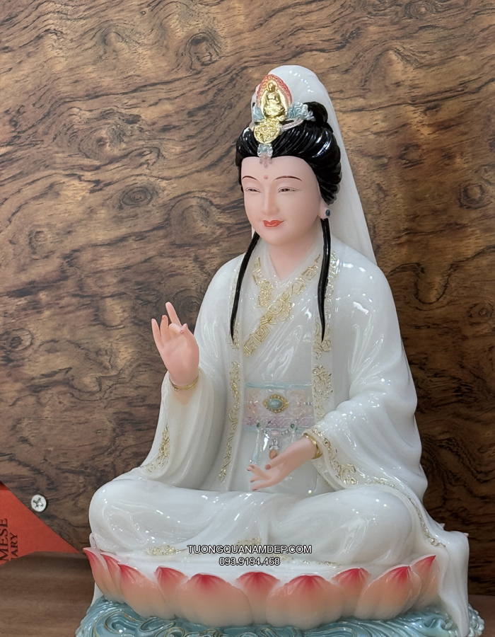 Tượng Quan Âm Trắng đế sen hồng đẹp
