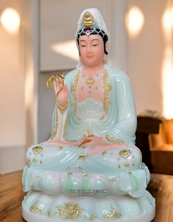 Tượng Phật Bà Quan Âm Áo Rủ Xanh Ngọc đẹp QA-006