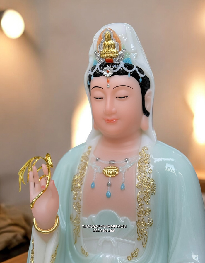 Tượng Phật Bà Quan Âm Áo Rủ Xanh Ngọc đẹp QA-006