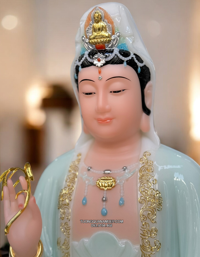Tượng Phật Bà Quan Âm Áo Rủ Xanh Ngọc đẹp QA-006