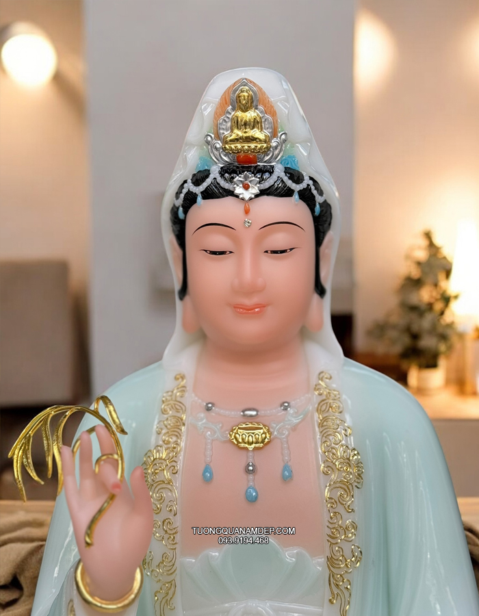 Tượng Phật Bà Quan Âm Áo Rủ Xanh Ngọc đẹp QA-006