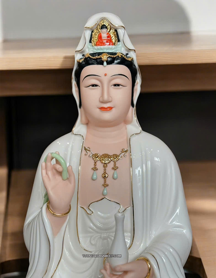Tượng Quan Âm Sứ Trắng Sen Hồng Cao Cấp QA-010