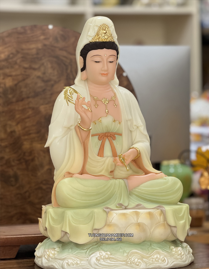 Tượng Quan Âm Vẽ Gấm Non Nước đẹp bằng bột đá