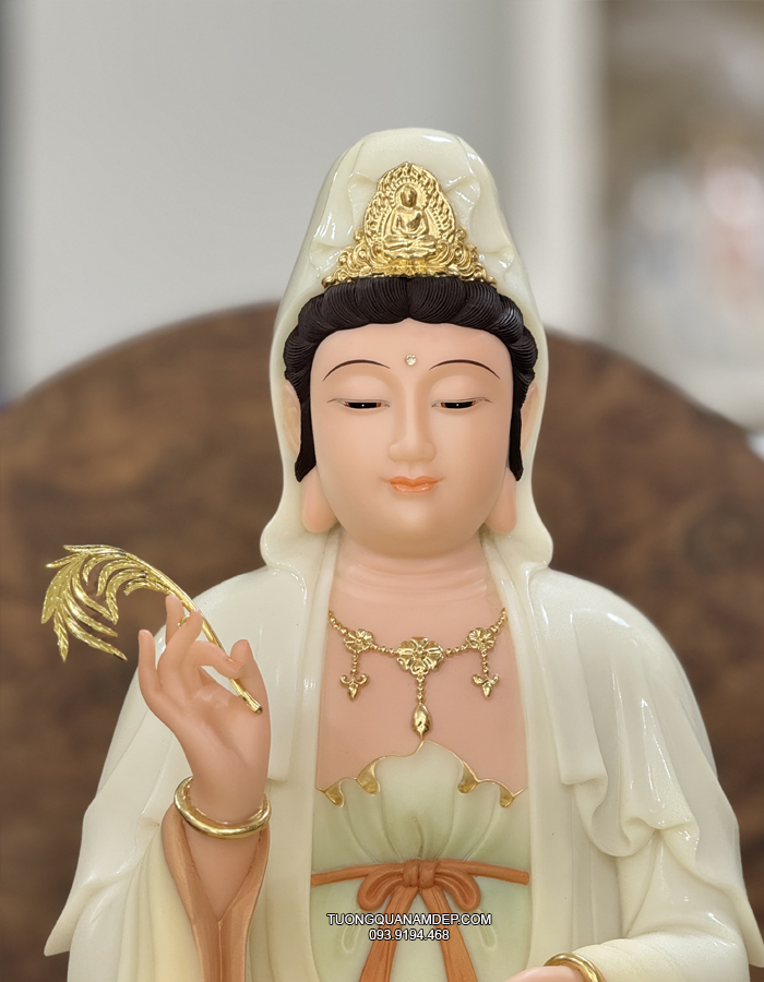 Tượng Quan Âm Vẽ Gấm Non Nước đẹp bằng bột đá