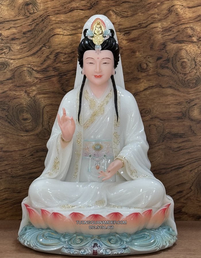 Tượng Quan Âm Trắng đế sen hồng đẹp