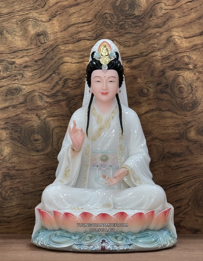 Tượng Quan Âm Trắng đế sen hồng đẹp
